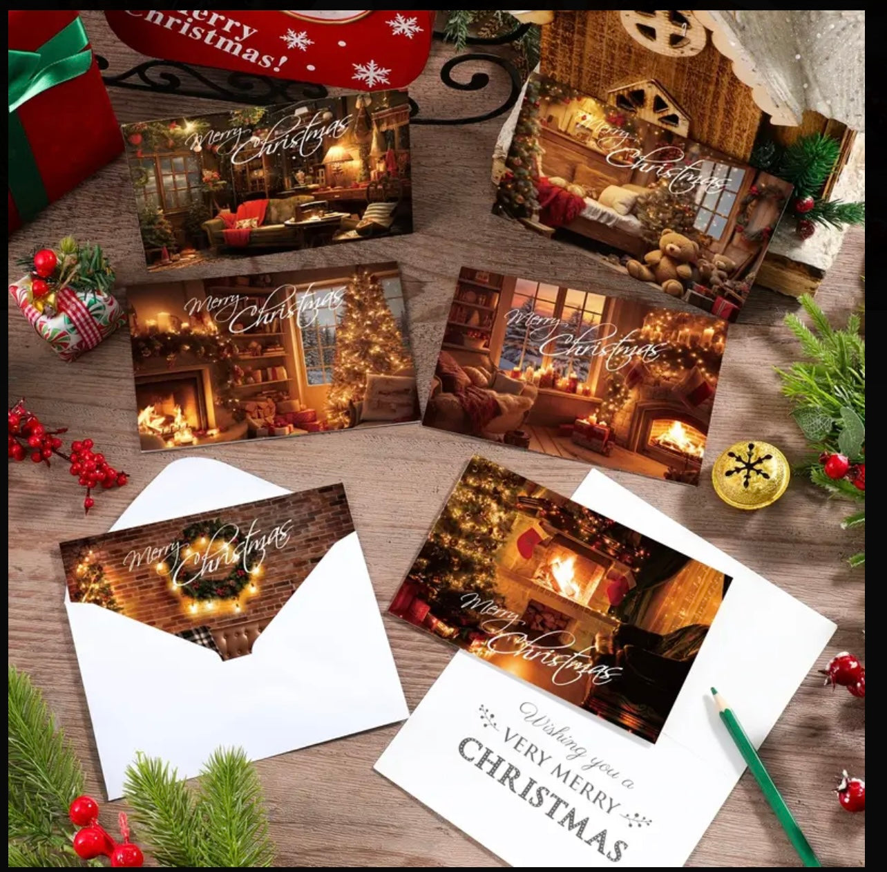 6 Sets Christmas Cards with Envelopes, 6 Styles Cozy Cabin Collection
