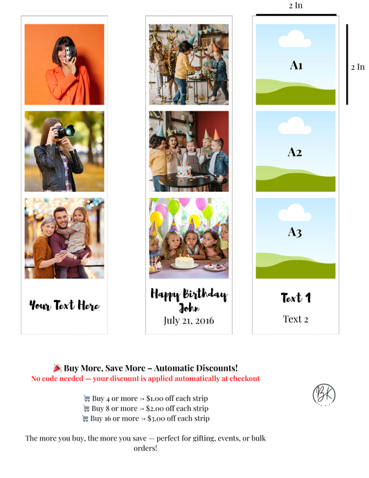 Custom Photo Strip – 3 Layer 2x2" Photos with Personalized Text